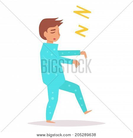 Man walks in a dream. Hands put forward. Vector. Cartoon. Isolated art on white background. Flat
