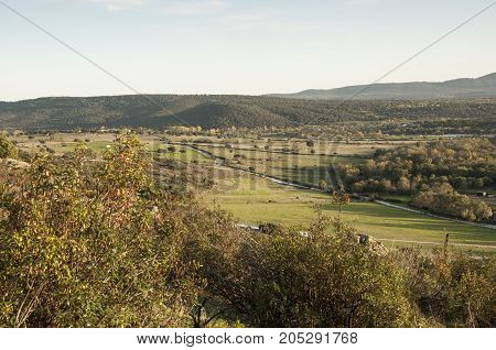 Meadows and farmlands in El Boalo, Guadarrama Mountains, Madrid, Spain.