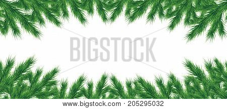 A long garland of Christmas tree branches for a Christmas decor. Branches close-up. Vector. Drawing. Nature details. Panorama. Postcard.