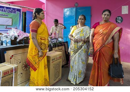 PONDICHERY PUDUCHERY INDIA - SEPTEMBER 04 2017. Outdoor meeting of the children of the school teachers in front of them