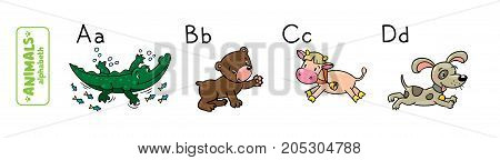 Children vector illustration of funny alligator, bear, cow and dog. Animals zoo alphabet or ABC.