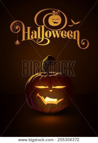 Vector illustration of a Cool Vimpire jack-o-lantern glowing in the dark. Included a custom typography 