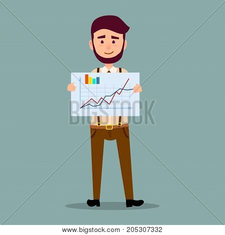 Presentation results of successful work concept. Businessman standing with placard with graphs, curves and diagram in hands flat vector. Showing financial forecast or business plan illustration