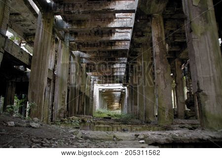 Debris rubble and damaged concrete construction. The Second World War ruins.