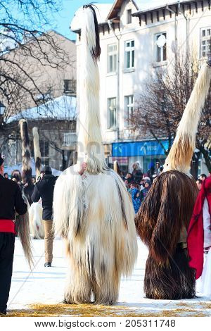 Razlog, Bulgaria - January 14, 2017: People in traditional carnival kuker costumes at Kukeri festival Starchevata