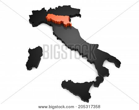 Italy 3d black and orange map, with Emilia,romagna region highlighted 3d render