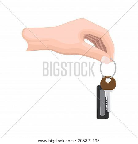 Keys hanging on keyring in human hand flat vector isolated on white background. Man hand holding bunch of modern doors keys on keyring illustration for real estate, buying new apartment concepts