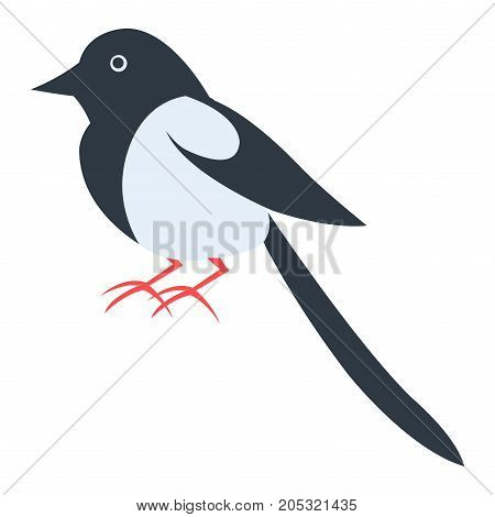 Cute funny black white magpie vector flat cartoon sticker isolated on white. Wild bird or poultry illustration for game counters, price tags