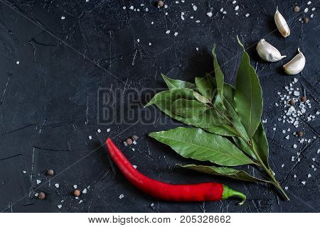 Bay leaf chili pepper garlic sea salt and allspices on black textured background. Seasoning spices hot and spicy vegetables