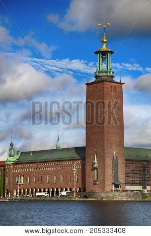 Scenic view of the City Hall from Riddarholmskyrkan Stockholm Sweden