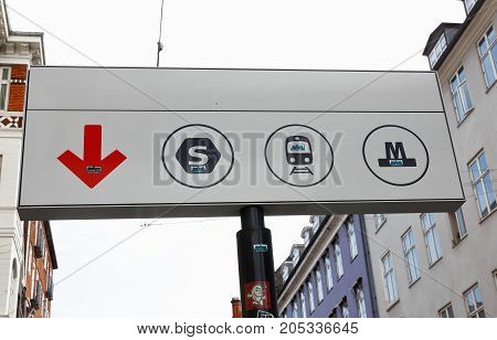 Copenhagen Denmark - August 24 2017: Sign at the entrance to the Metro an S-train station at Norreport.