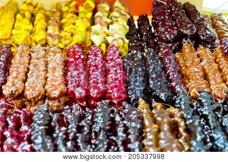 Background from colored oriental sweets in marketplace