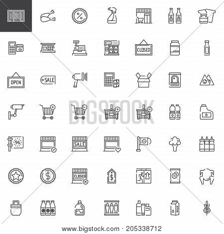 Supermarket shopping products line icons set, outline vector symbol collection, linear style pictogram pack. Signs, logo illustration. Set includes icons as cashier machine, barcode scanner, food