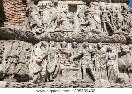 Details Of Arch Of Galerius In Thessaloniki, Greece Depicting Philosophers Of Antique Greece