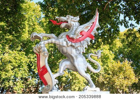 Since the early 17th Centurey Dragons have guarded the entrance to the City of London. Northbank of the River Thames in London England September 2017
