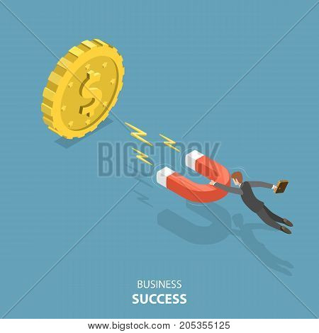 Business success flat isometric low poly vector concept. Businessman is flying to the huge dollar coin using a magnet that is attracting to the coin. Advantage, money attracting, investment.