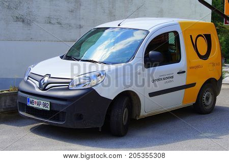 Kamnik, Slovenia - July 30, 2017: Slovenian postal car, The Post of Slovenia (Slovene: Pošta Slovenije). The Post of Slovenia is a state-owned company responsible for postal service in Slovenia.