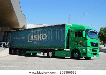 Celje, Slovenia - July 31, 2017, Lasko beer delivery truck parked in the city of Celja. Nobody in de vehicle.