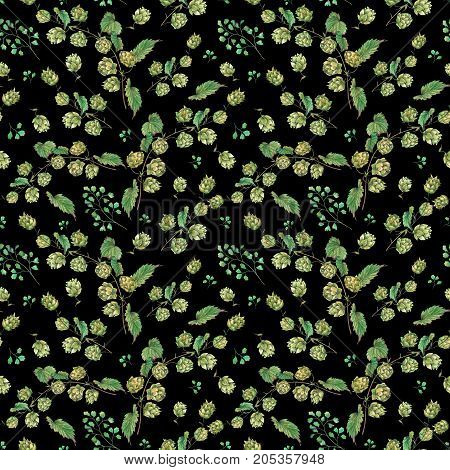 Watercolor natural seamless pattern of hops. Floral vintage watercolor illustration on black  background.