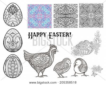 Set of design elements for Happy Easter Day with eggs and cute hen and chicks and seamless pattern. Stock line vector illustration.