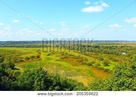 landscape of the Desna River with its marshy surroundings from a bird's eye view