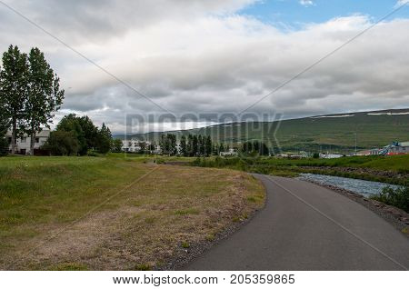 Path along river Glera in Akureyri Iceland
