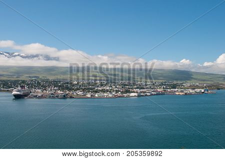 Town of Akureyri in north Iceland on a summer day
