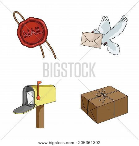 Wax seal, postal pigeon with envelope, mail box and parcel.Mail and postman set collection icons in cartoon style vector symbol stock illustration .
