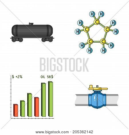 Railway tank, chemical formula, oil price chart, pipeline valve. Oil set collection icons in cartoon style vector symbol stock illustration .