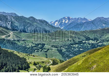 Beautiful landscape in Pyrenees mountains. In the distance there is Col de Val Louron Azet and the poit of view is on Col de Peyresourde.