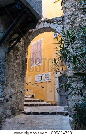 TOURRETTES-SUR-LOUP FRANCE - APRIL 25 2016: Street of Tourrettes-sur-Loup a medieval village in the Alpes-Maritimes department in southeastern France