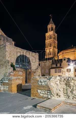 Old town area with a view of the bell tower Cathedral of St. Duje. Split Croatia.