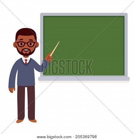 African American professor standing in front of chalkboard. School teacher or college and university lecture. Cute cartoon vector character.