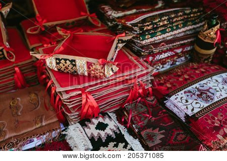 Fabrics Flea market Vernissage Yerevan, Armenia. horizontal shot