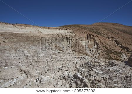 Eroded rock formations along Quebrada Chuba, a river valley high on the Altiplano of northern Chile in Lauca National Park.