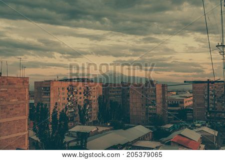 Sunset on the outskirts of Yerevan, Armenia. horizontal shot