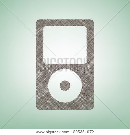 Portable music device. Vector. Brown flax icon on green background with light spot at the center.