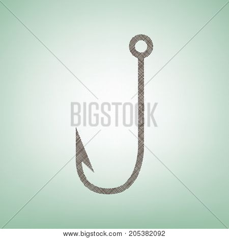 Fishing Hook sign illustration. Vector. Brown flax icon on green background with light spot at the center.