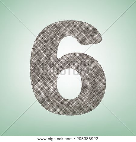 Number 6 sign design template element. Vector. Brown flax icon on green background with light spot at the center.