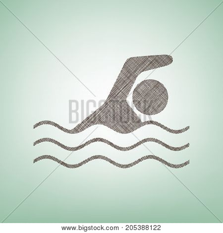 Swimming water sport sign. Vector. Brown flax icon on green background with light spot at the center.