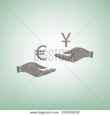 Currency exchange from hand to hand. Euro and Yuan. Vector. Brown flax icon on green background with light spot at the center.