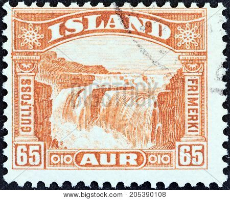 ICELAND - CIRCA 1931: A stamp printed in Iceland shows Gullfoss Falls, circa 1931.