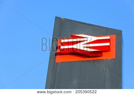 Northampton, UK - Sep 09, 2017: Low angle morning view of British Rail logo at Northampton Train Station.