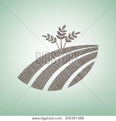 Wheat field sign. Vector. Brown flax icon on green background with light spot at the center.