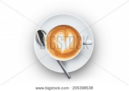 Coffee with heart on a white saucer white background isolation