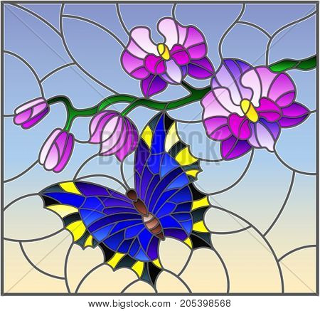 Illustration in stained glass style with a branch of purple Orchid and bright butterfly on a blue background