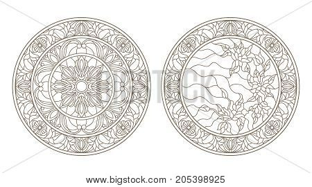 Set contour illustrations of stained glass round stained glass floral dark outline on a white background