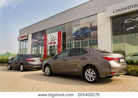 Prague, Czech Republic - September 23: Cars In Front Of Toyota Motor Corporation Dealership Building