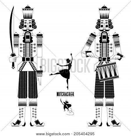Two Сhristmas Nutcrackers the mouse king and ballerina. Black and white. Vector illustration