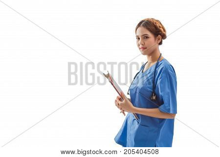 Beautiful asian nurse holding document checklist and patients chart with carrying stethoscope on shoulders at hospital isolated on white background concept of business medical and treatment professional.